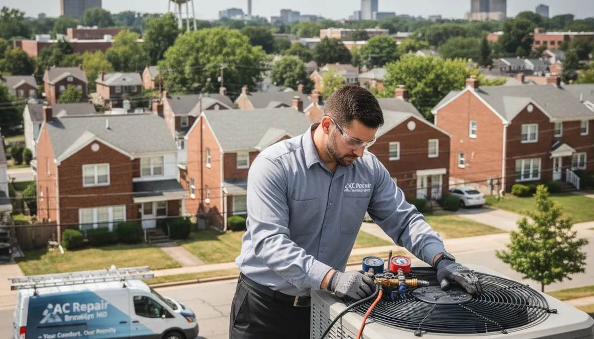 Professional AC repair technician servicing air conditioner unit in Baltimore MD home