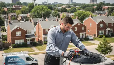 Professional AC repair technician servicing air conditioner unit in Baltimore MD home