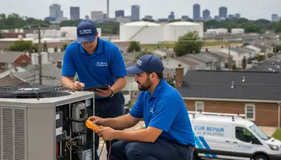 Professional AC repair technician servicing residential unit in Baltimore MD