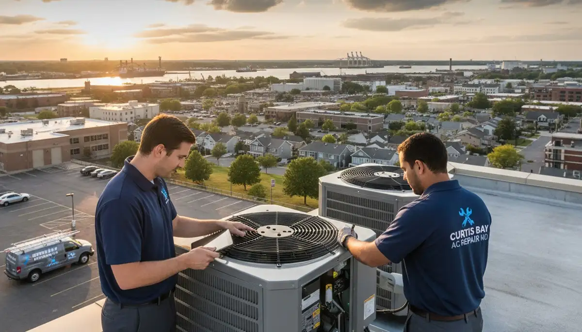 Professional AC repair technician servicing air conditioner unit in Baltimore MD home