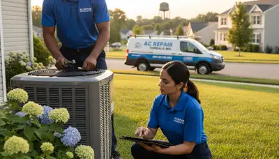 Professional AC repair technician servicing air conditioner unit in Baltimore, MD