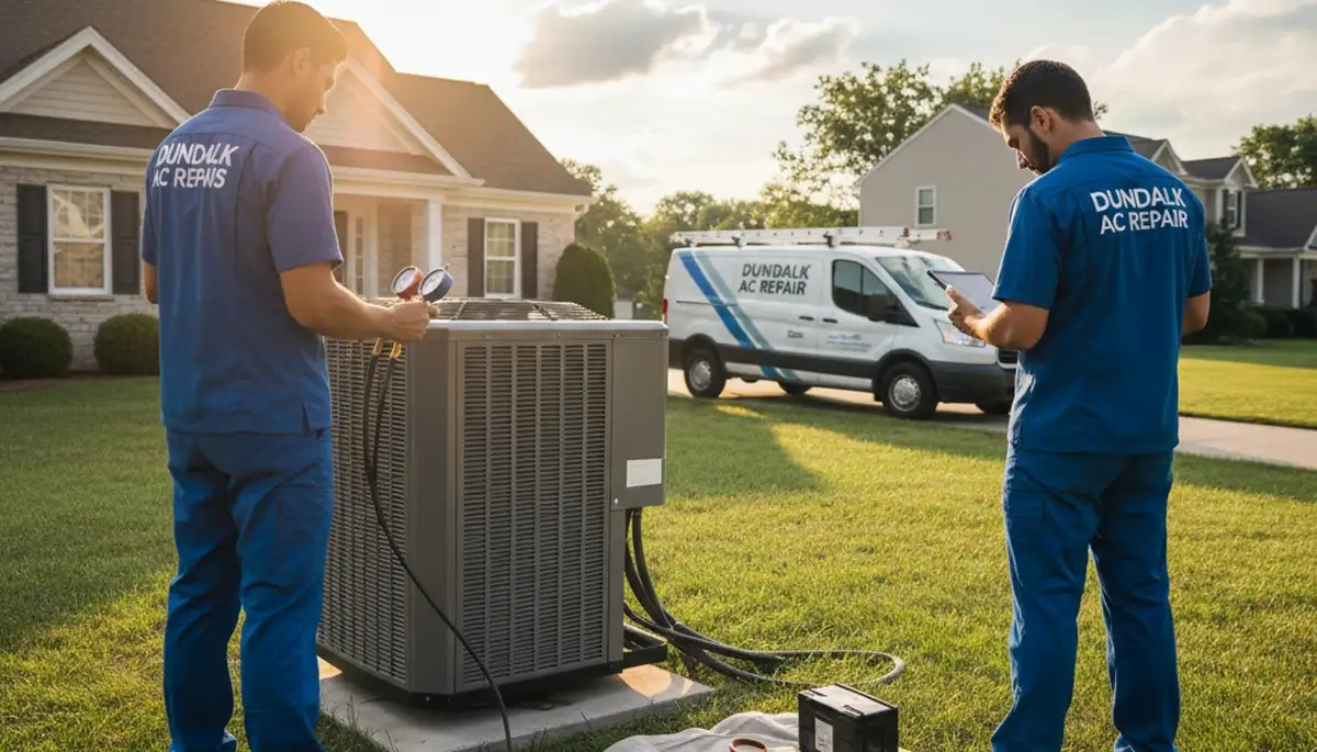 Professional AC repair technician servicing air conditioner unit in Baltimore MD home