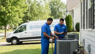 Professional AC repair technician servicing air conditioner unit in Baltimore MD home