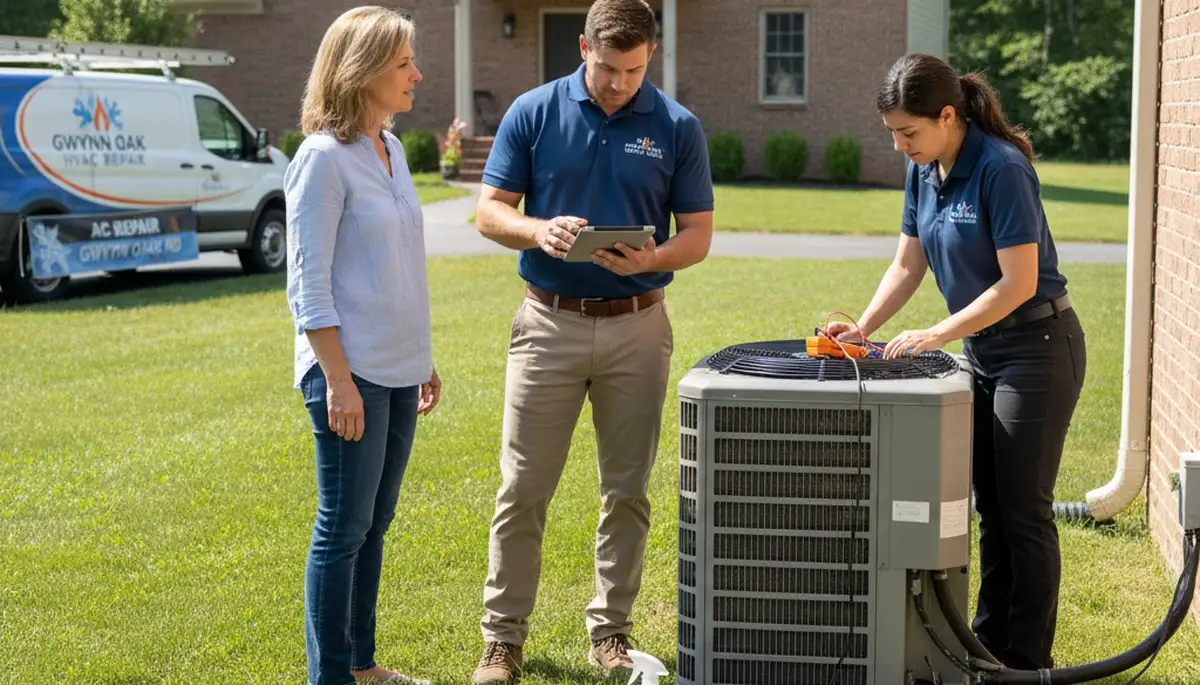 Professional AC repair technician servicing air conditioner in Baltimore MD home