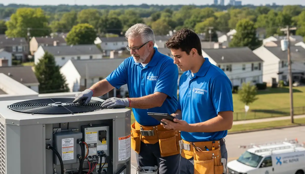 Professional AC repair technician servicing air conditioner in Baltimore MD home