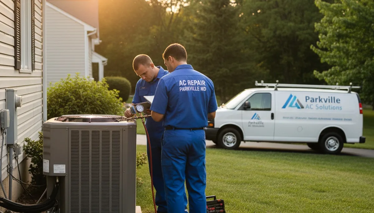 Professional AC repair technician servicing air conditioner unit in Baltimore MD home