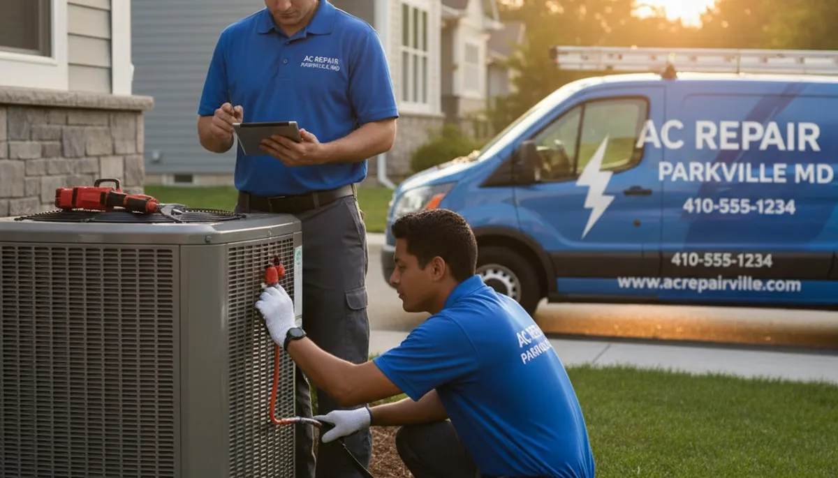Professional AC repair technician servicing air conditioning unit in Baltimore MD home