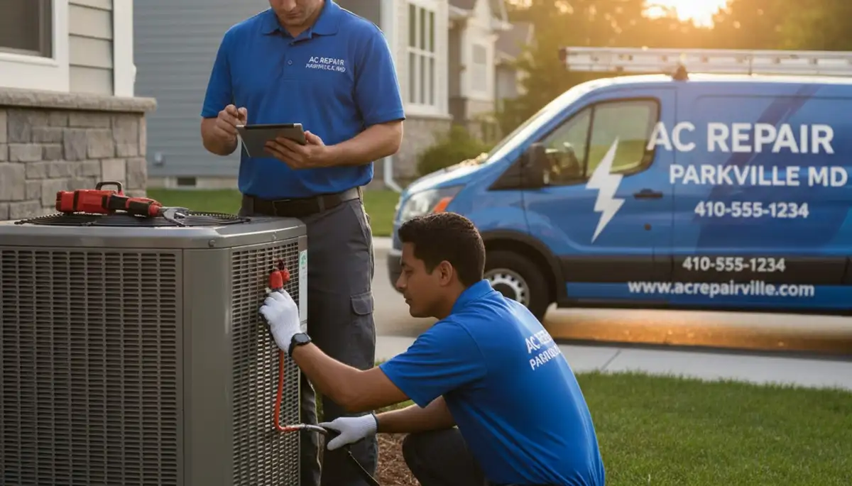 Professional AC repair technician servicing air conditioning unit in Baltimore MD home