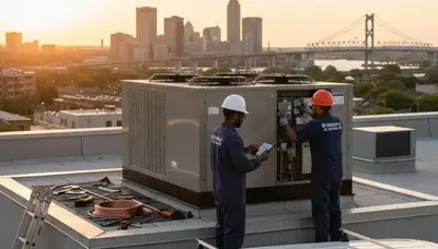 Professional AC repair technician servicing air conditioning unit in Baltimore, MD