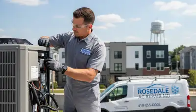 Professional AC repair technician servicing air conditioner unit in Baltimore MD