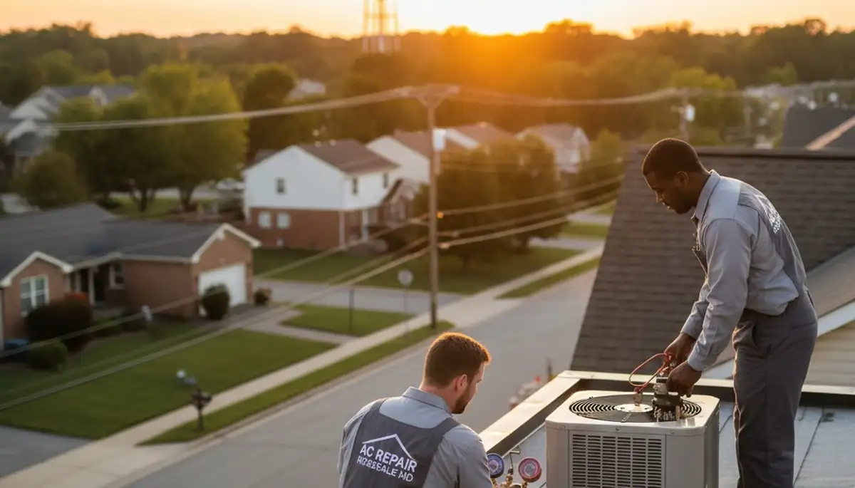 Professional AC repair technician servicing air conditioner in Baltimore MD home