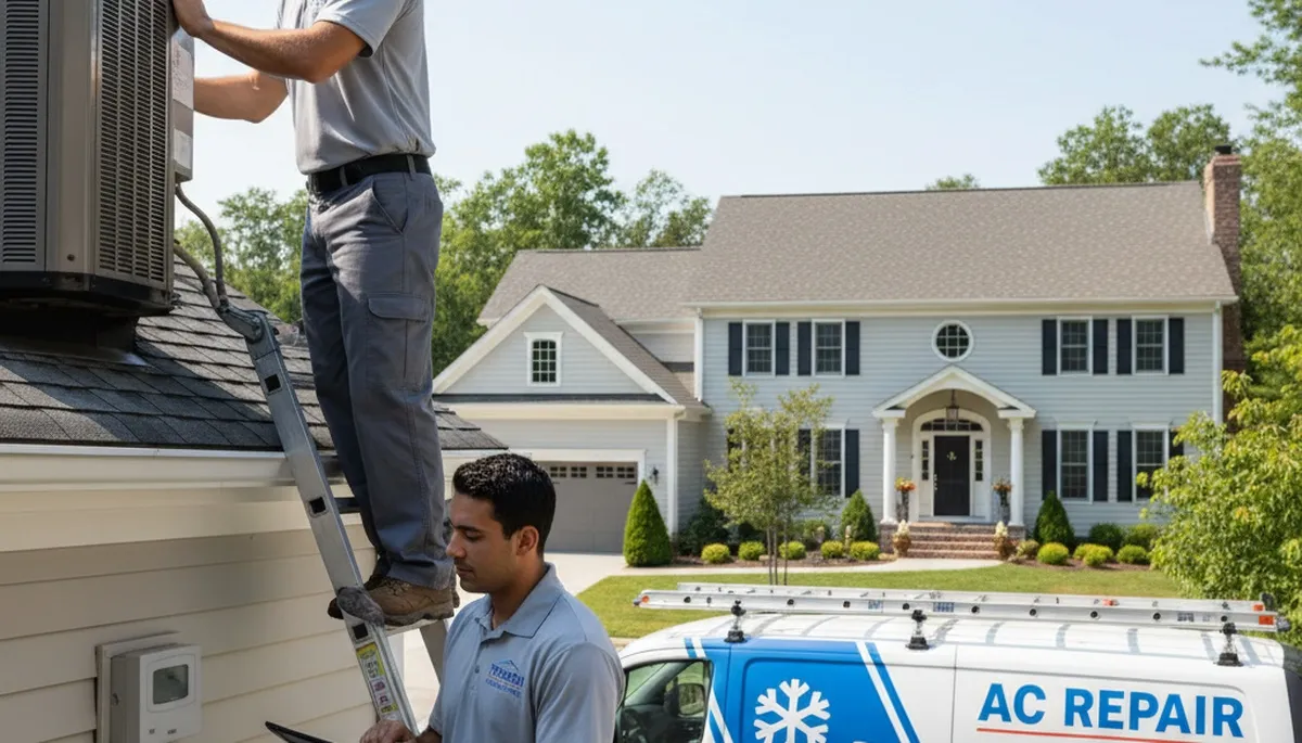 Professional AC repair technician servicing air conditioner in Baltimore MD home