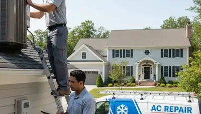 Professional AC repair technician servicing air conditioner in Baltimore MD home