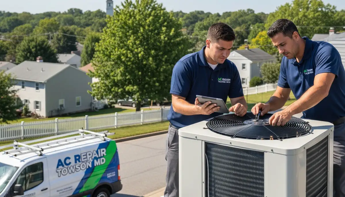 Professional AC repair technician servicing air conditioner unit in Baltimore, MD home