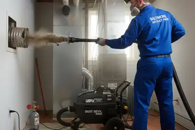 Technician performing professional air duct cleaning at a Baltimore, MD home for improved HVAC efficiency