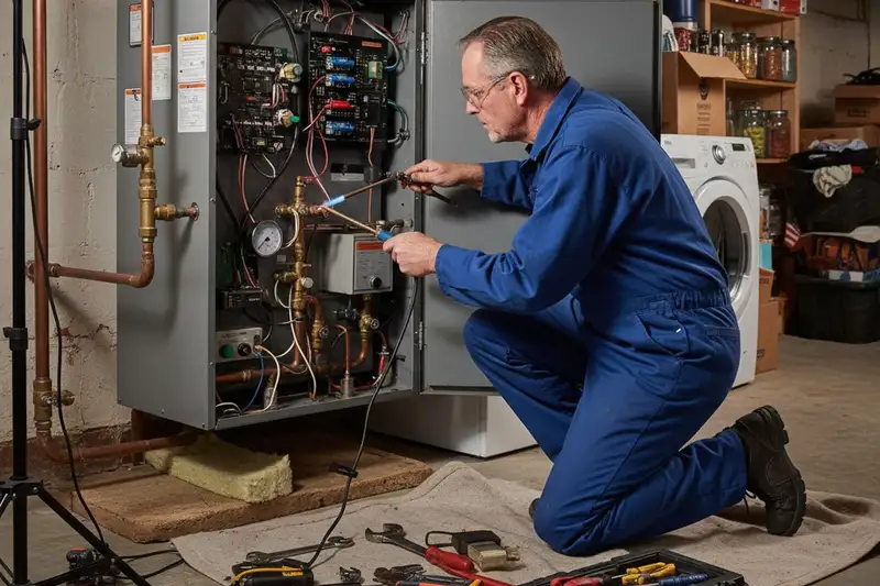Technician performing professional boiler repair service at a Baltimore, MD home