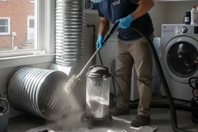 Technician performing professional dryer vent cleaning at Baltimore MD home to improve airflow efficiency