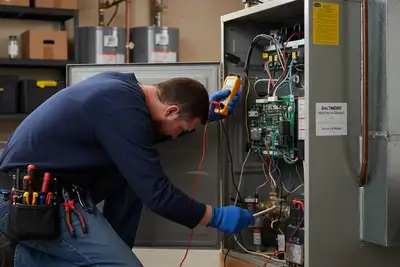 Technician performing professional furnace repair with tools in Baltimore, MD home heating system