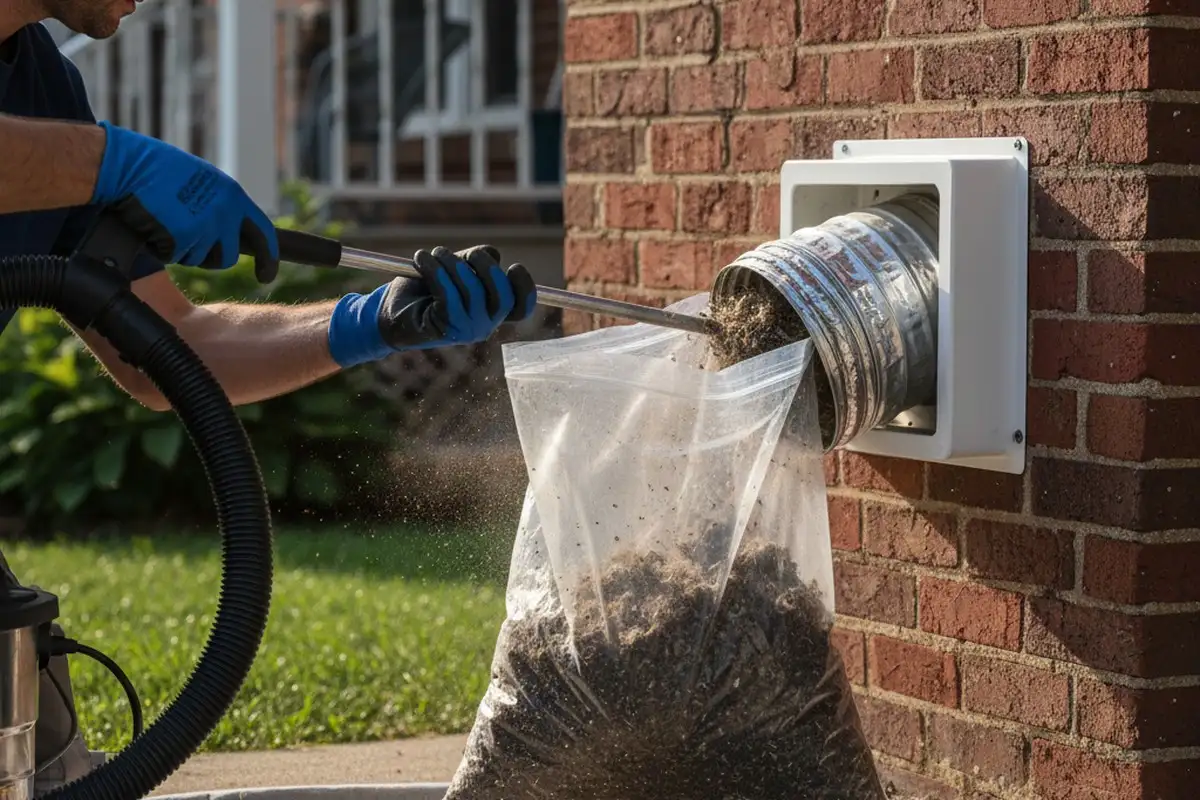 Technician performing detailed dryer vent cleaning at a Baltimore, MD home for improved airflow efficiency