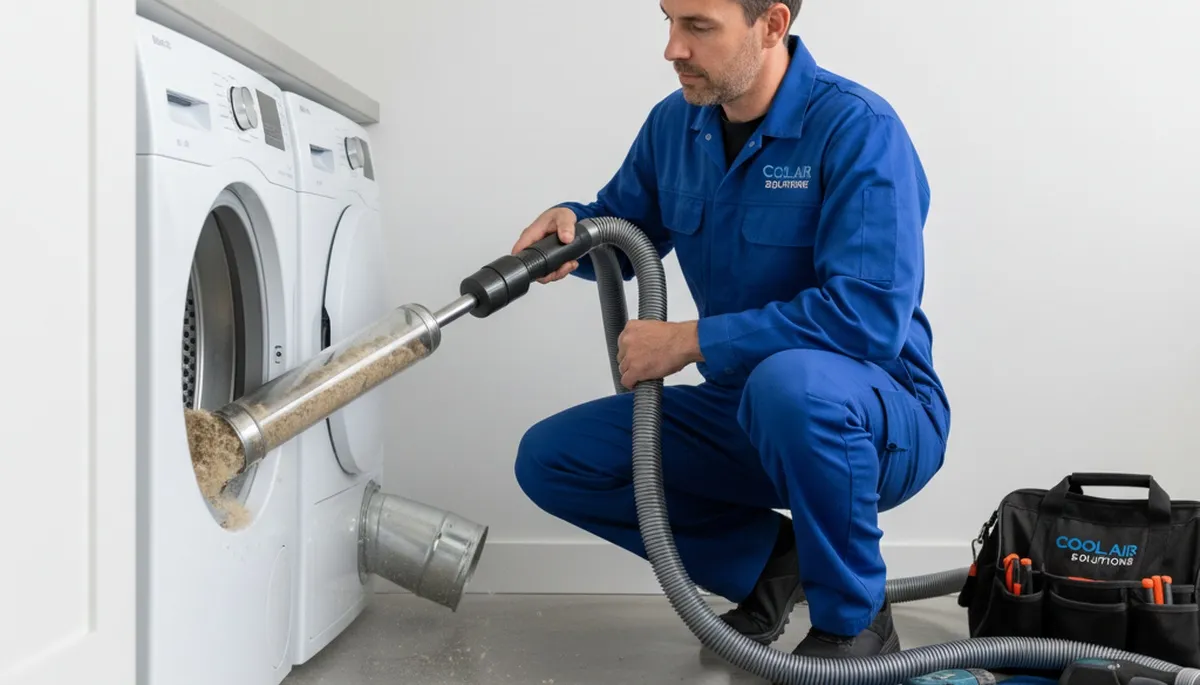 Technician performing professional dryer vent cleaning in Baltimore, MD home for improved air efficiency