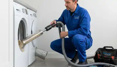 Technician performing professional dryer vent cleaning in Baltimore, MD home for improved air efficiency