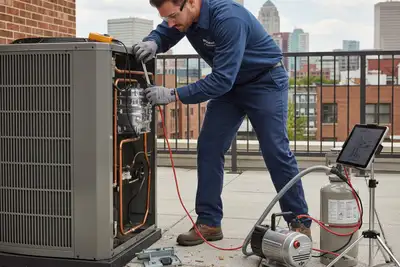 HVAC technician repairing air conditioner system at Baltimore, MD home for expert AC service