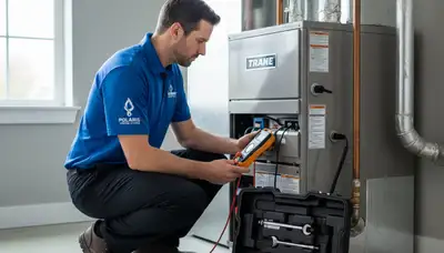 Technician performing heating repair on furnace in Baltimore MD home