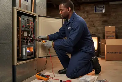 Technician performing heating system repair at Baltimore home | Expert AC and furnace service Baltimore MD