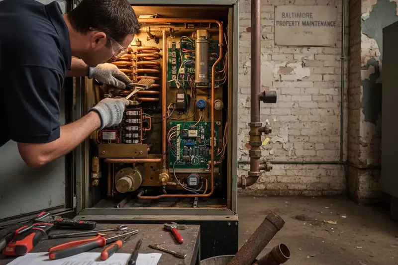 Technician performing precise boiler component repair in Baltimore, MD for expert heating system service