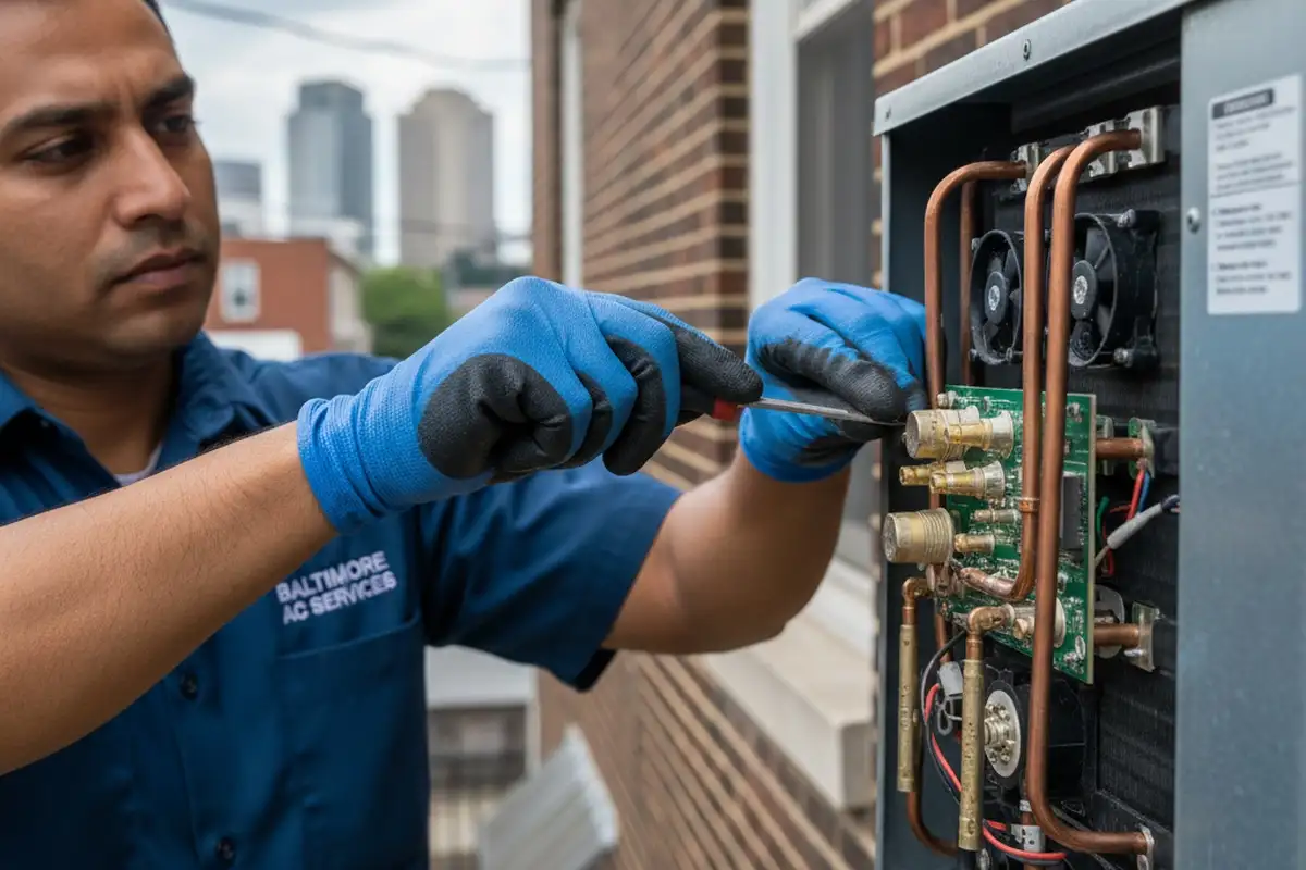 Technician performing precise AC component repair at a Baltimore, MD home for reliable cooling service