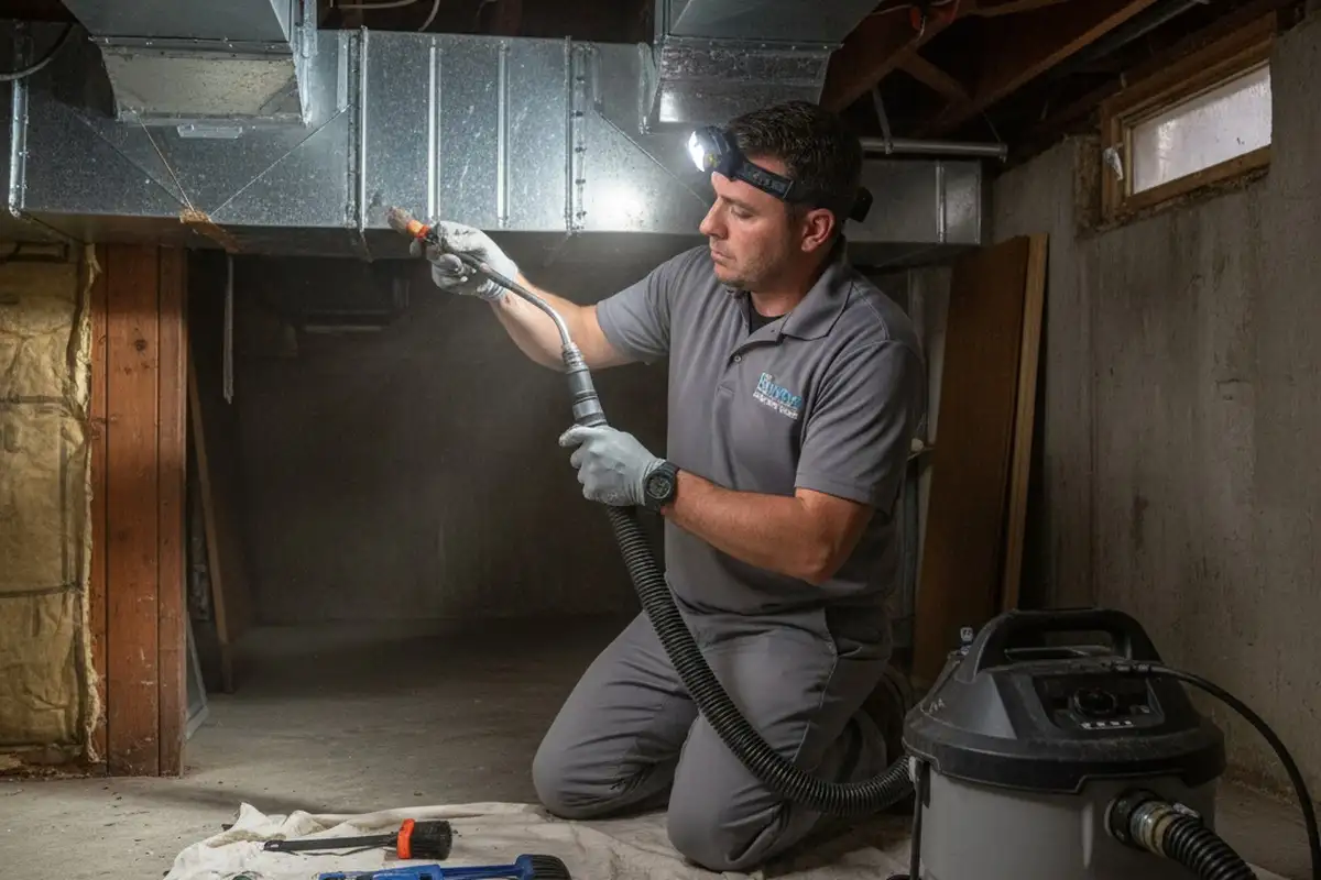 Technician performing detailed air duct cleaning at a Baltimore, MD home for Five Star Cooling
