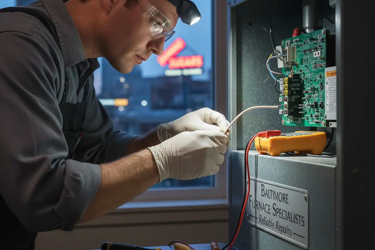 Technician performing precise furnace component repair in Baltimore, MD for reliable heating service