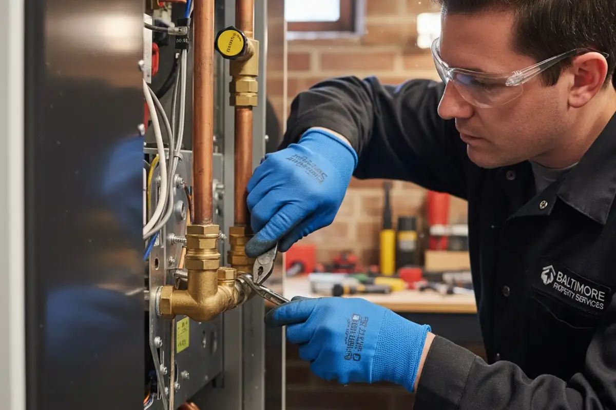 Technician performing precision heating repair on furnace components in Baltimore, MD