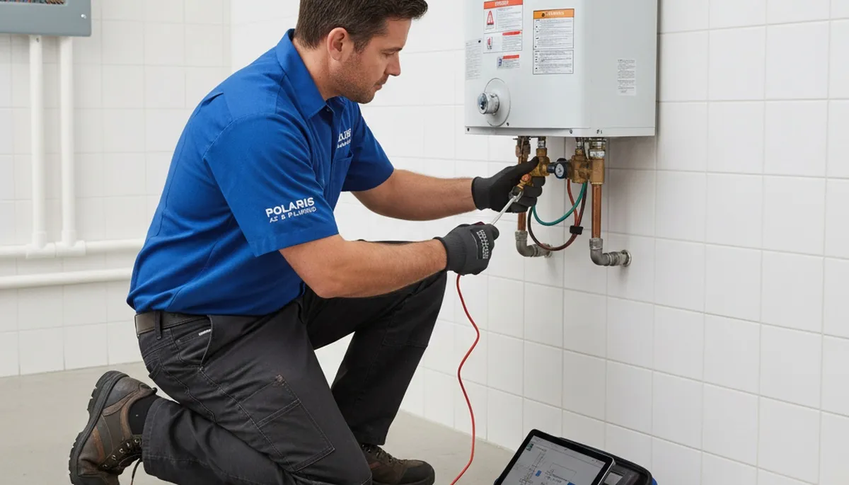 Technician repairing water heater in Baltimore MD home for Five Star Cooling service