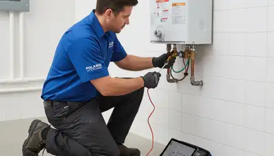 Technician repairing water heater in Baltimore MD home for Five Star Cooling service